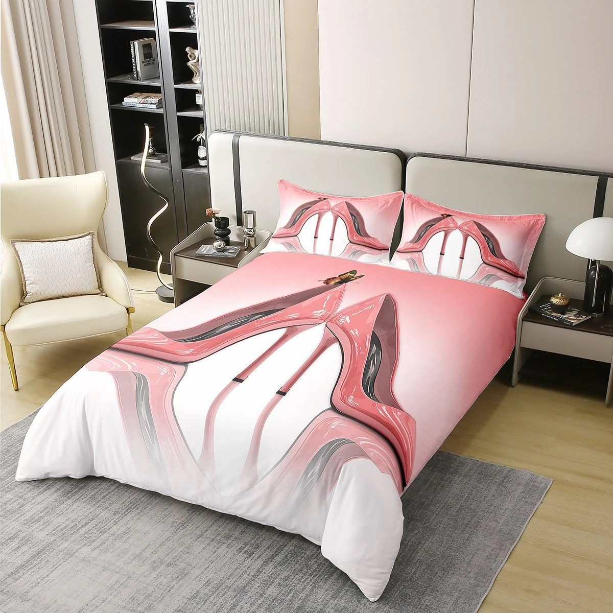 King Size 100% Cotton Pink High Heels Duvet Cover Modern Fashion Girls Shoes Bedding Set Women Girls Ombre Pink Simple Style Soft Comforter Cover Kids Bedroom Decor,No Comforter