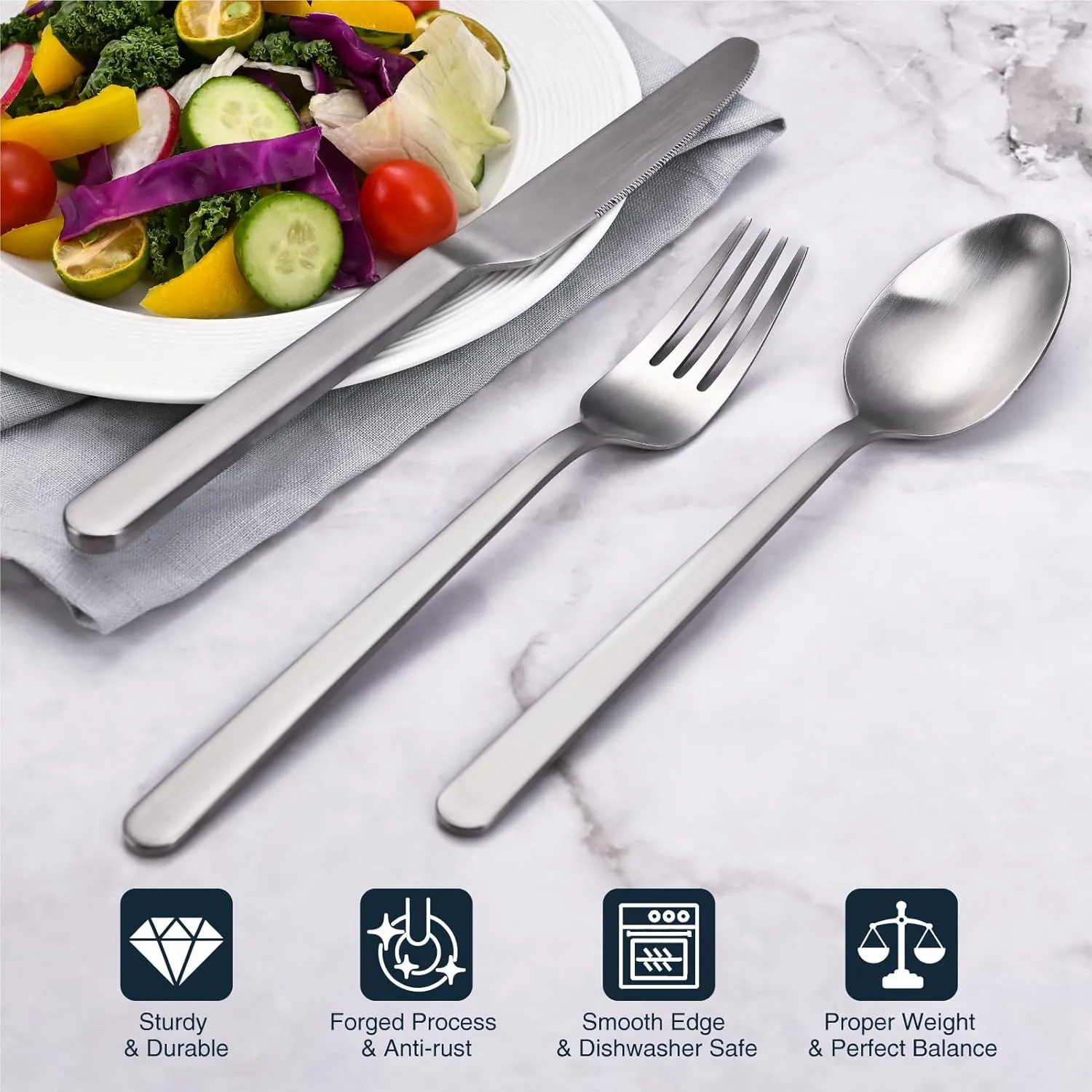 KINGSTONE Forged Silverware Set, 40-Piece Matte Flatware Set for 8, 18/10 Stainless Steel Silverware Cutlery Set Matte Satin Finish (Matte Silver)