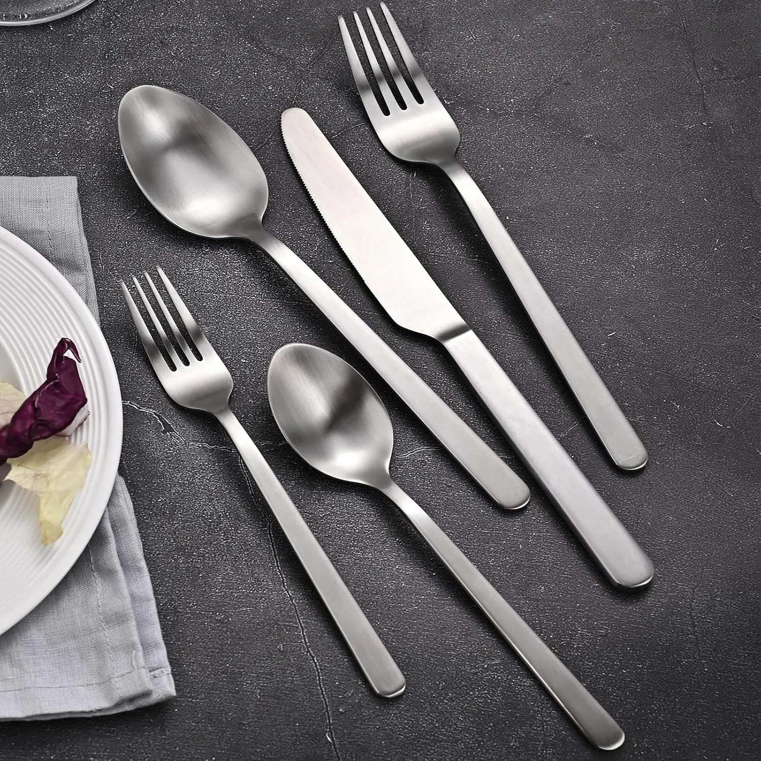 KINGSTONE Forged Silverware Set, 40-Piece Matte Flatware Set for 8, 18/10 Stainless Steel Silverware Cutlery Set Matte Satin Finish (Matte Silver)