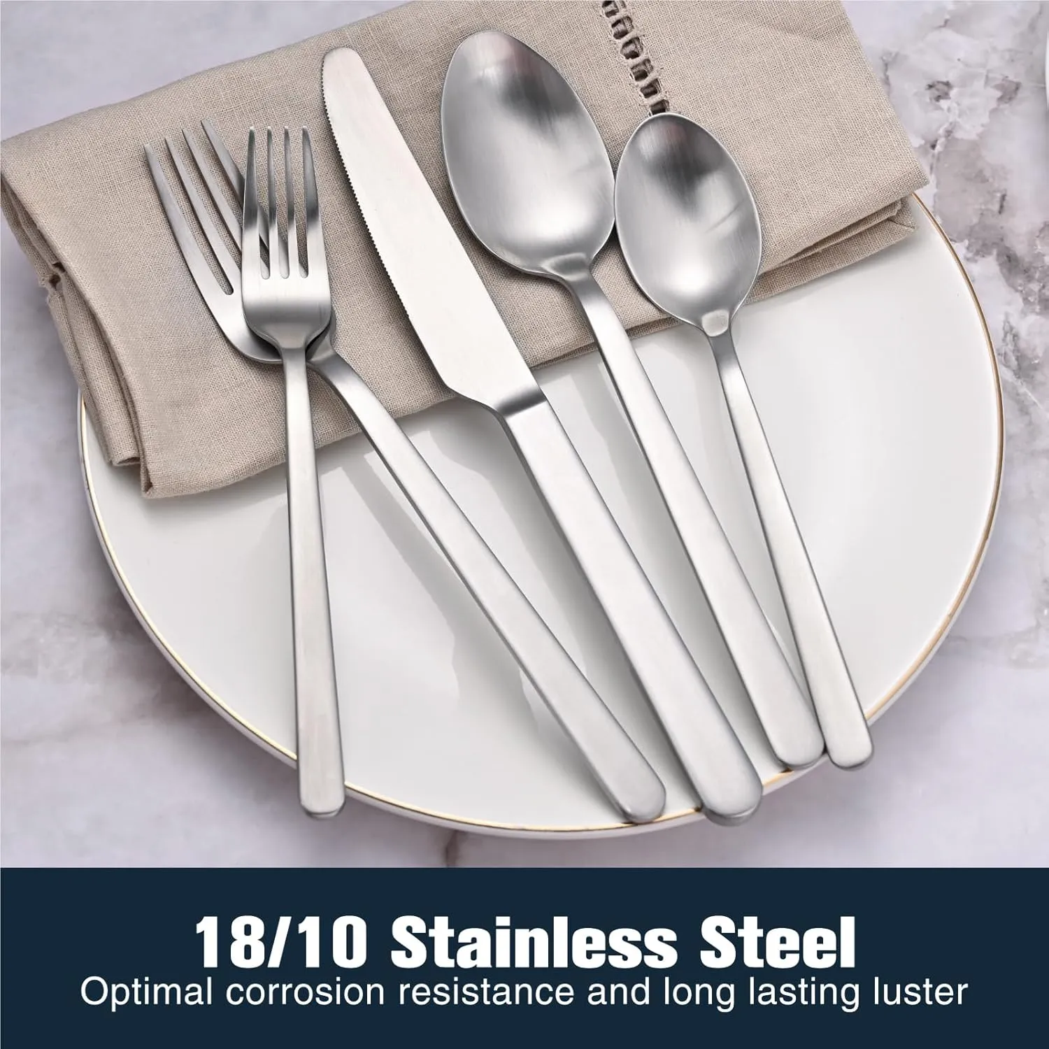 KINGSTONE Forged Silverware Set, 40-Piece Matte Flatware Set for 8, 18/10 Stainless Steel Silverware Cutlery Set Matte Satin Finish (Matte Silver)