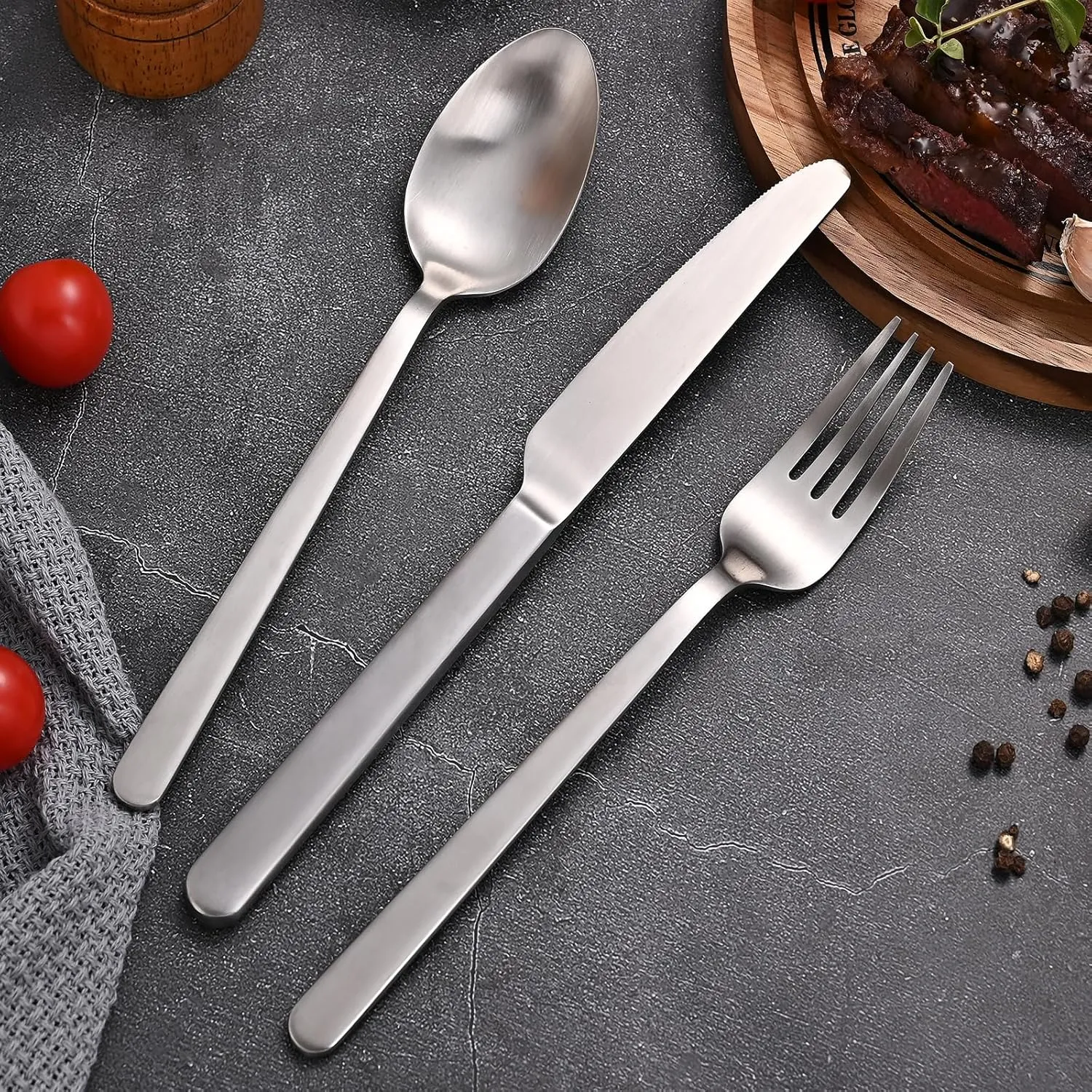 KINGSTONE Forged Silverware Set, 40-Piece Matte Flatware Set for 8, 18/10 Stainless Steel Silverware Cutlery Set Matte Satin Finish (Matte Silver)