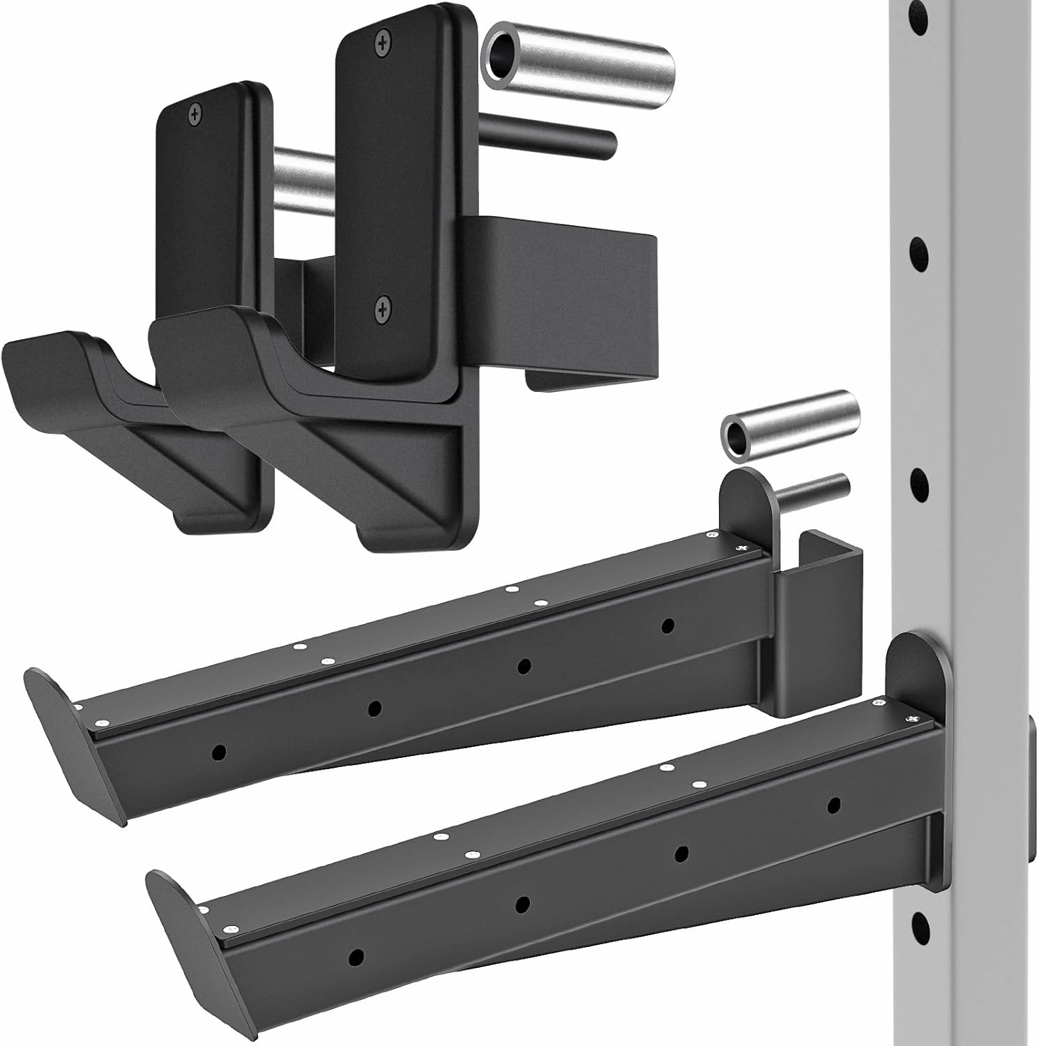 Kipika Safety Spotter Arms and J-Hooks for 2" x 2" and 3" x 3" Power Racks - Heavy Duty Barbell Holders and Catches with Rubber Pads - Power Rack Attachments for Squat, Bench Press and More