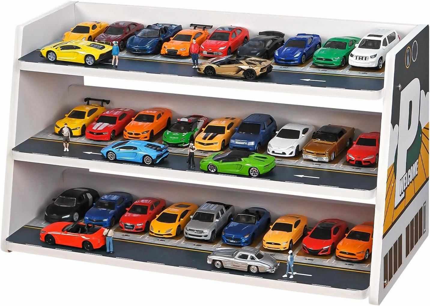 Kivmcds 1/64 Hot Die Cast Wheel Display Case，Three-Tier Stepped car Model Display Stand，Toy Car Storage Display Rack（Parking Lot Scene）
