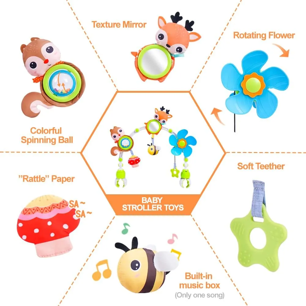 Koty Baby Stroller Arch Toy with Teether, Rattle, Crinkle Sound, Mirror & Music Box, Newborns Sensory Activity Carrier Take-Along Toy, Adjustable for Bouncers, Car Seat & Pram 0M (Deer)