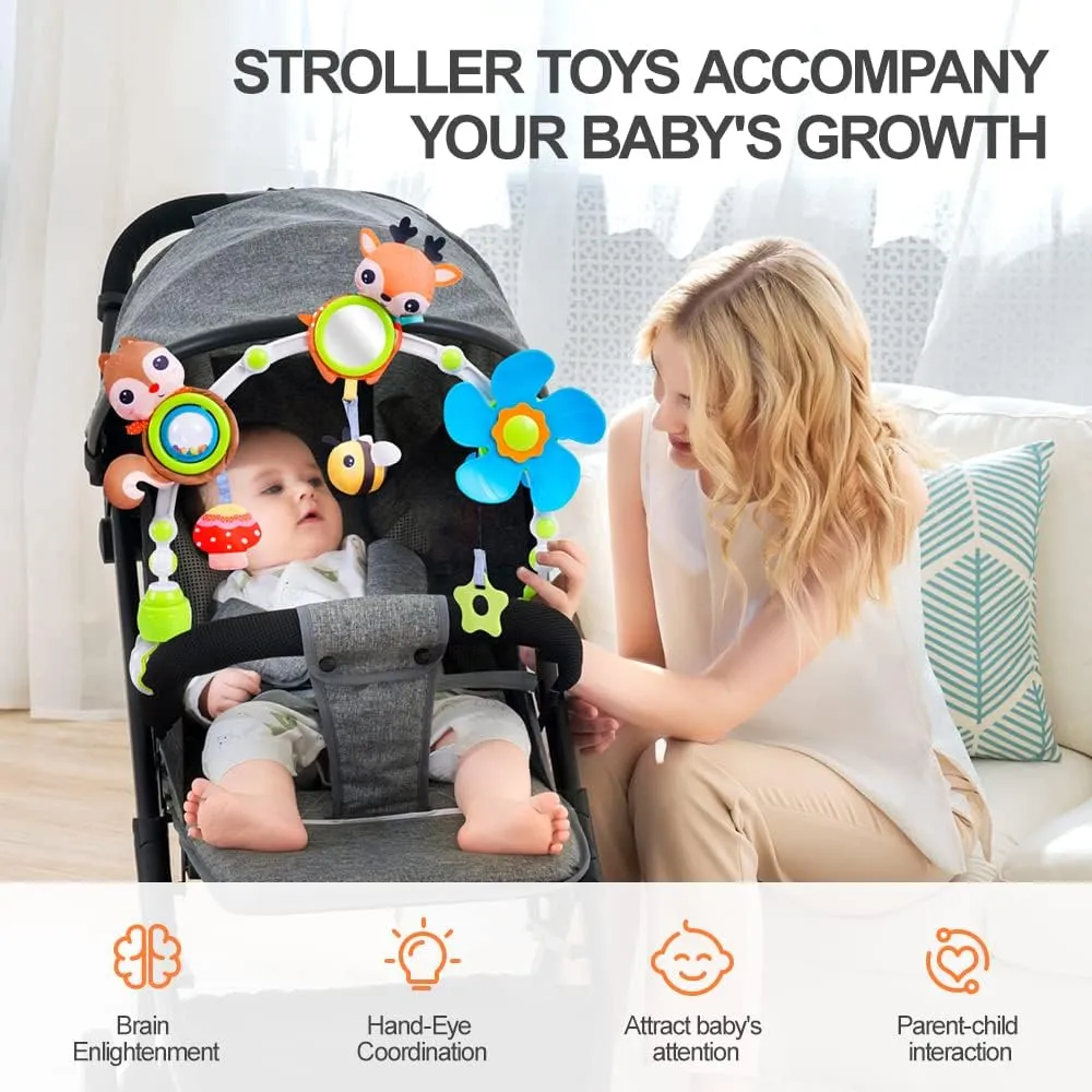 Koty Baby Stroller Arch Toy with Teether, Rattle, Crinkle Sound, Mirror & Music Box, Newborns Sensory Activity Carrier Take-Along Toy, Adjustable for Bouncers, Car Seat & Pram 0M (Deer)