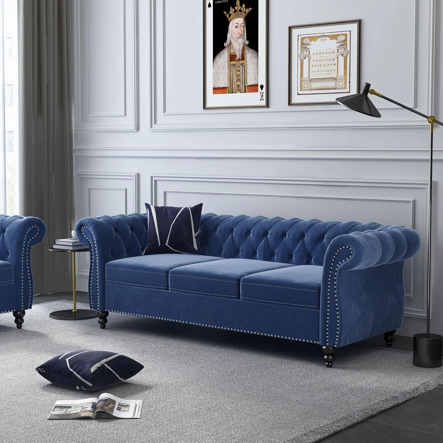 Large Sofa, Velvet Sofa Three-seat Sofa Classic Tufted Chesterfield Settee Couch Modern 3 Seater Couch Furniture Tufted Back for Living Room (Blue)