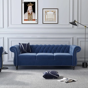 Large Sofa, Velvet Sofa Three-seat Sofa Classic Tufted Chesterfield Settee Couch Modern 3 Seater Couch Furniture Tufted Back for Living Room (Blue)