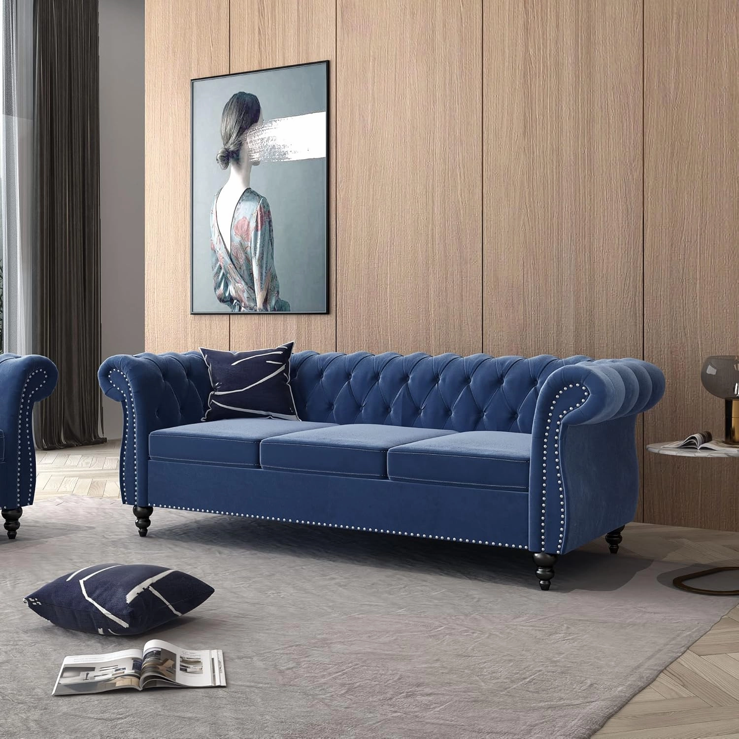 Large Sofa, Velvet Sofa Three-seat Sofa Classic Tufted Chesterfield Settee Couch Modern 3 Seater Couch Furniture Tufted Back for Living Room (Blue)