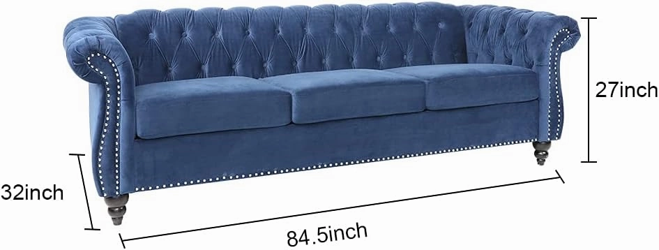 Large Sofa, Velvet Sofa Three-seat Sofa Classic Tufted Chesterfield Settee Couch Modern 3 Seater Couch Furniture Tufted Back for Living Room (Blue)