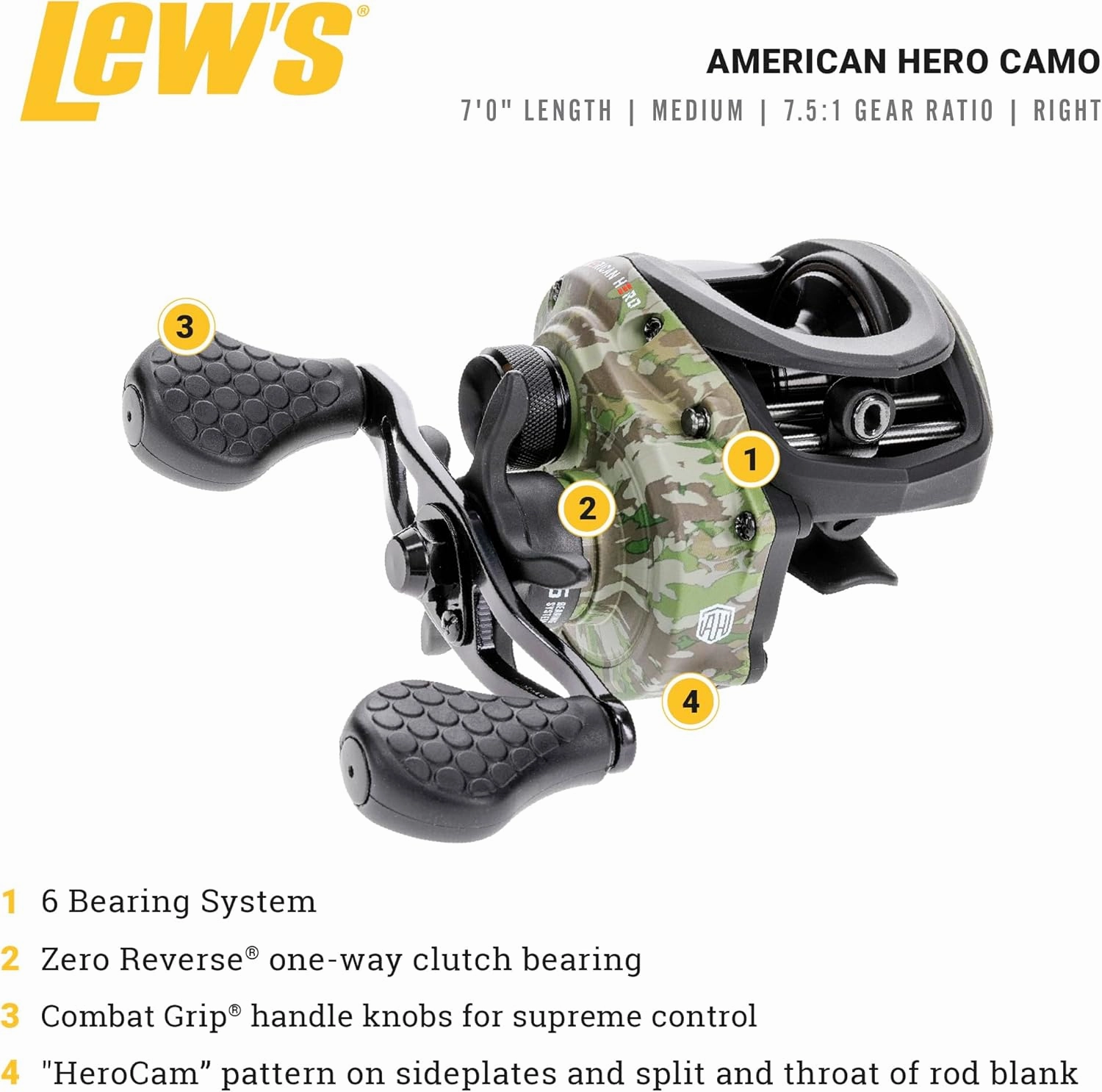 Lew’s American Hero Camo Baitcast Reel and Fishing Rod Combo, IM7 Graphite Rod, 5 1 Bearings, 7.5:1 Gear Ratio, One-Piece Graphite Frame, Camo/Black