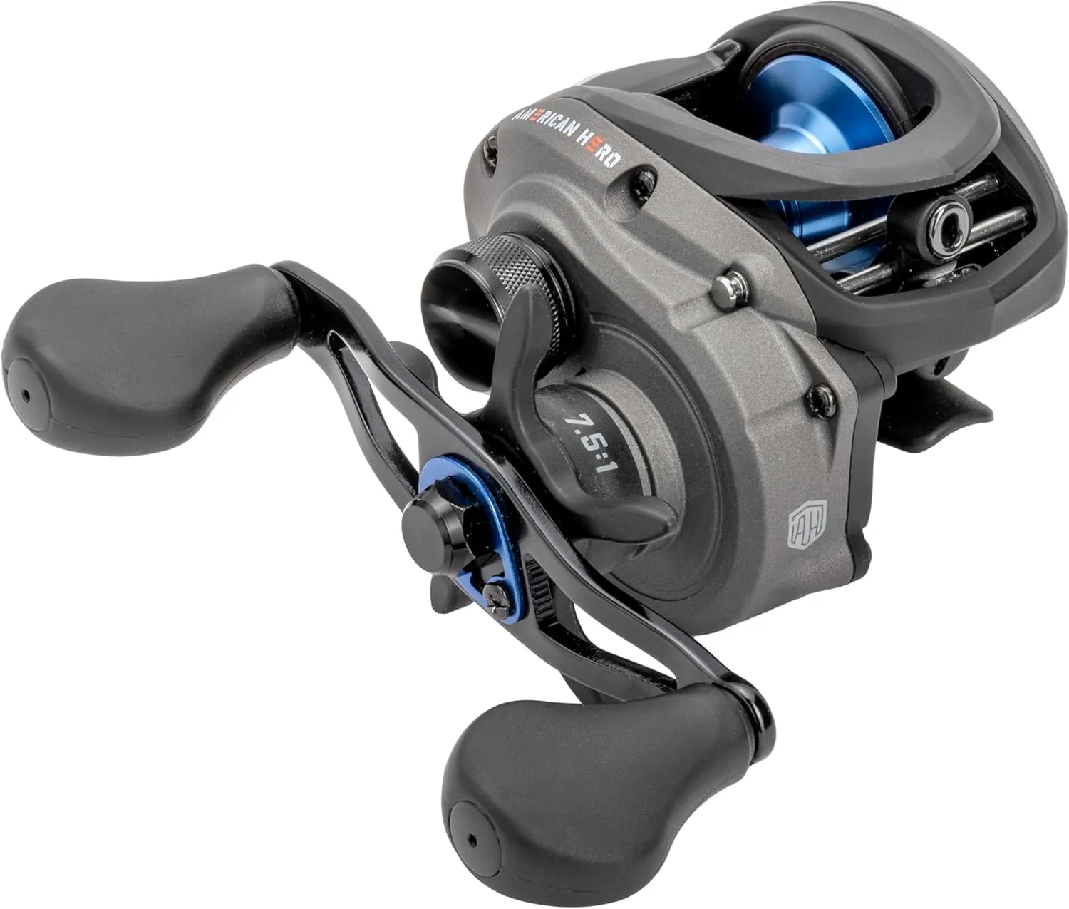 Lew’s American Hero Baitcast Fishing Reel, 4 1 Bearings, 7.5:1 Gear Ratio, Graphite Frame, Speed Gears, Magnetic Control System, Gray/Black/Blue