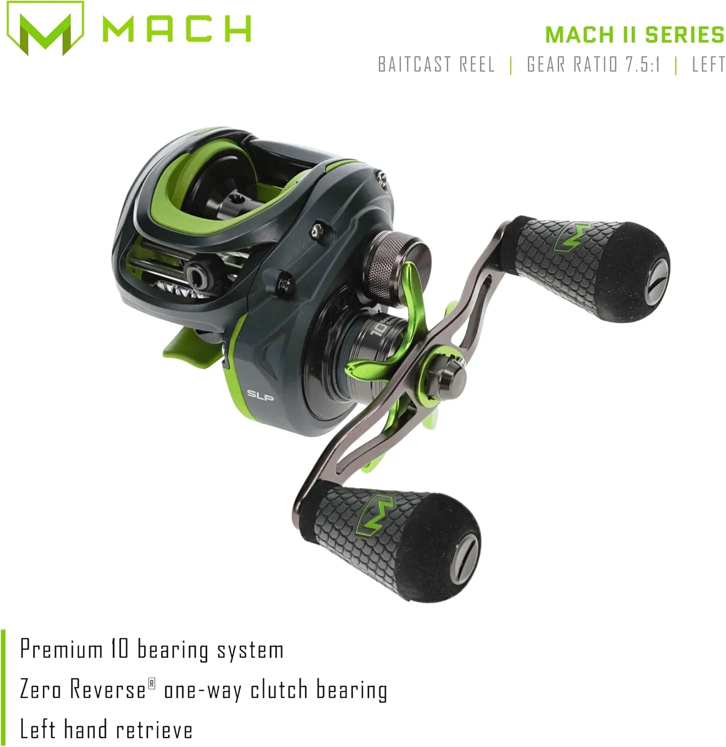 Lew's Mach 2 Baitcast Fishing Reel, 9 1 Stainless Steel Ball Bearings, 7.5:1 Gear Ratio, Black/Green