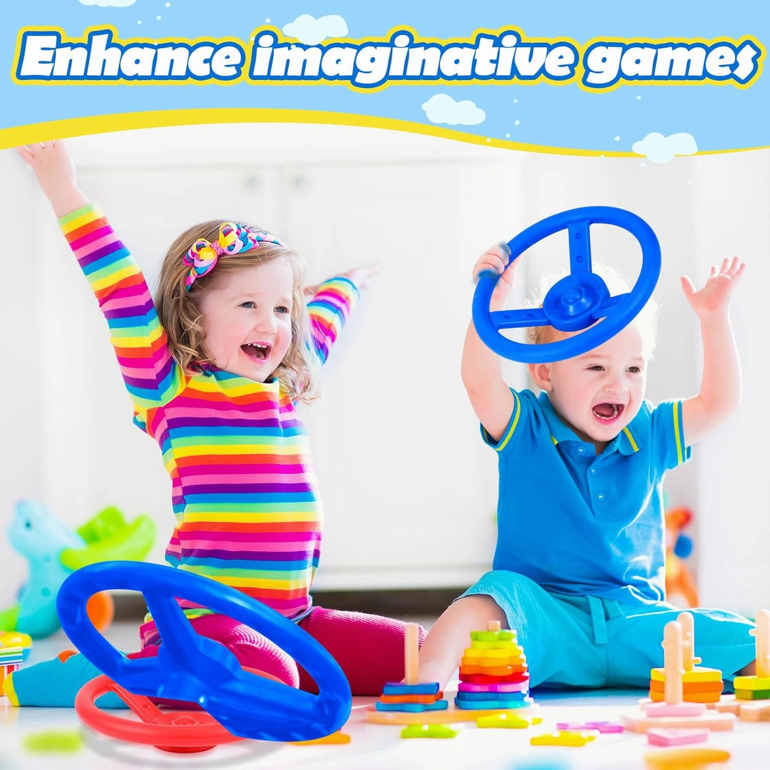 Libima 2 Pack Kids Steering Wheel Toy 10.43 Inch Outdoor Playhouse Toys Plastic Pirate Ship Wheel Replacement Plastic Steering Wheel for Playground Outdoor Gym (Red,Blue)