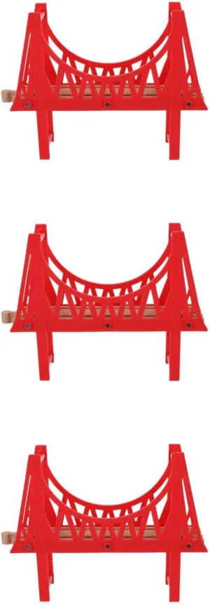 LOGOFUN 3pcs Wooden Train Bridge Track Wood Train Track Accessories Double Deck Train Bridge Model Funy Railway Toys for Kids School Play - Red