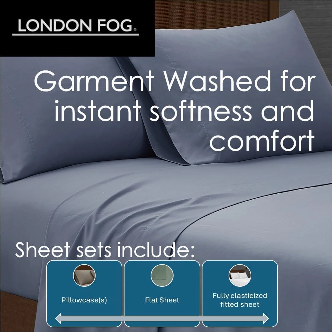 London Fog Garment Washed Solid Sheet Set White Microfiber 4-Piece King Sheet Set, Solid Themed, Deep Pocket, Adult and Teen, Oeko-TEX Certified