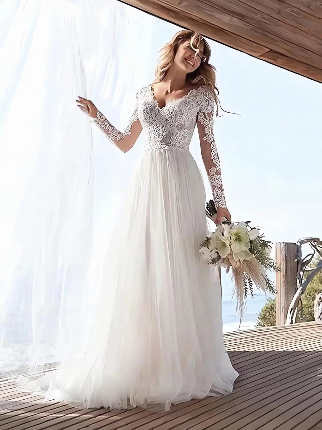 Long Sleeves Wedding Dresses for Bride 2025 Boho Beach A-Line Appliques Lace Bridal Ball Gowns with Train
