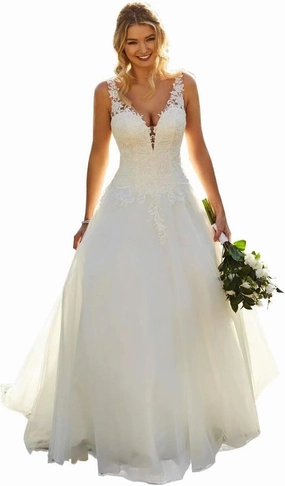LORIE Wedding Dresses for Bride Long Sleeves 2025 Sexy V Neck A-Line Lace Applique Boho Beach Bridal Gowns with Train