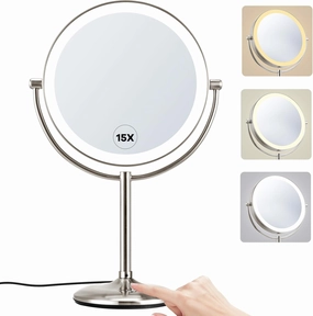 M MIVONDA Makeup Mirror with Lights,1X/15X Brushed Nickel Large Magnifying Mirror with Light, 360°Double Side Mirror,3 Color Lights & Adjustable Brightness Vanity Mirror,Gift for Christmas Day
