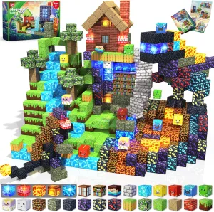 Magnetic Blocks - 150 PCS Dinosaur Volcano Forest Castle Set with Light Up Blocks - Kids Classroom Sensory Toy for Toddlers STEM, Construction Stacking Toy Kids 3  Boys Girls Christmas Birthday Gifts