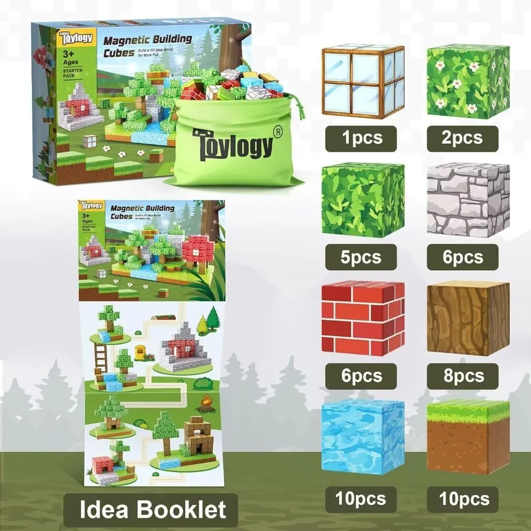 Magnetic Blocks-Build Mine Magnet World Edition, Magnetic Toys for Boys & Girls Age 3-4 4-5 6-8,STEM Montessori Sensory Toys for Toddlers Gifts for 3  Years Old,48PCS Fidget 1" Cubes Construction Toy