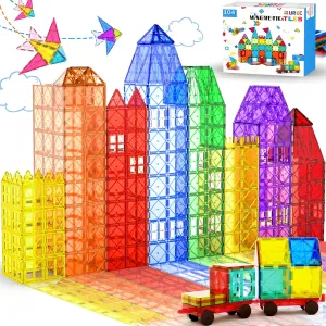 Magnetic Tiles - 104 Pieces Magnetic Blocks for Kids, Magnet Tiles Building Blocks Set with 2 Cars, Construction STEM Toys Gift for Kids Boys 3 4 5 6 7 8 9  Year Old