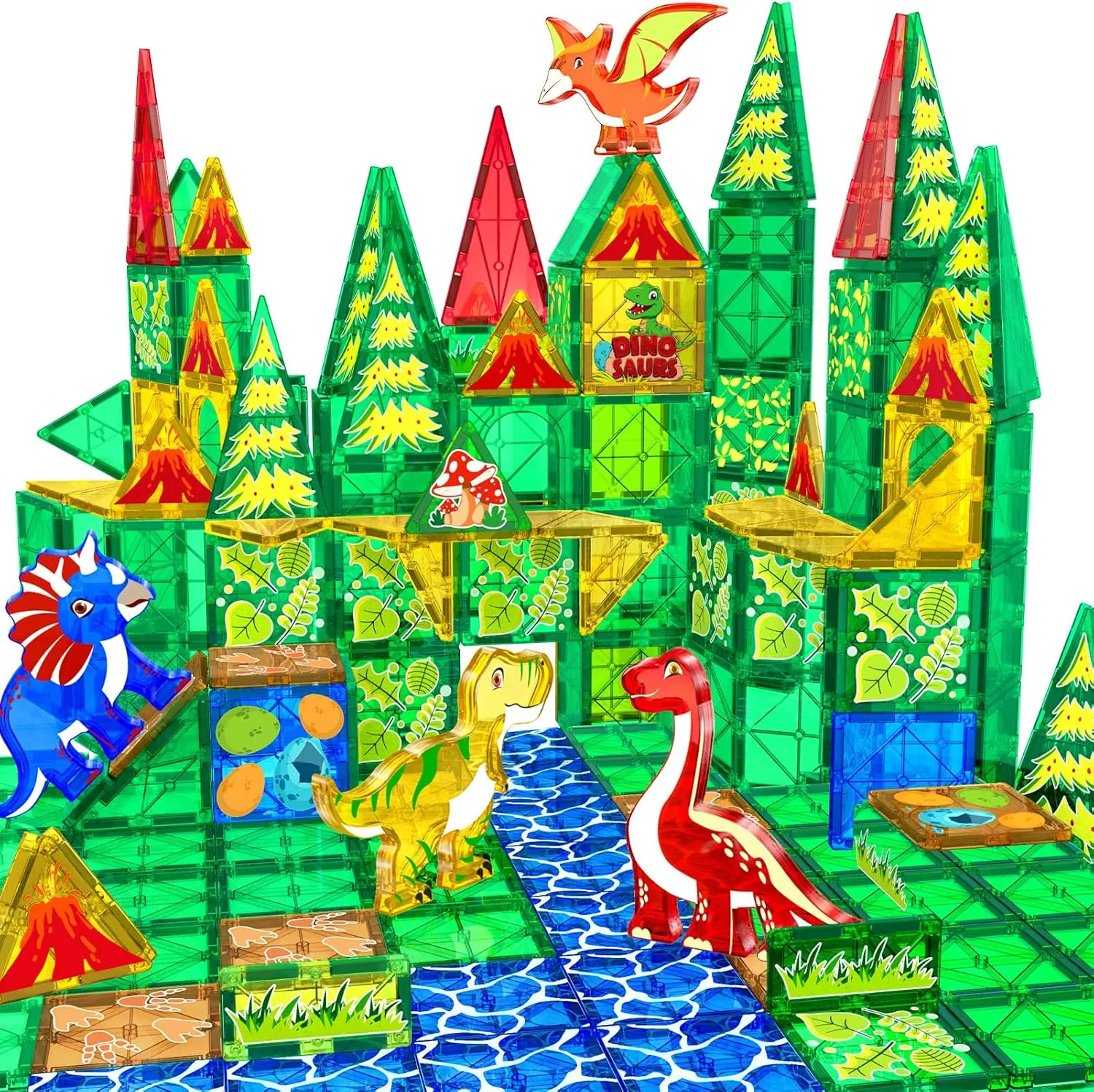 Magnetic Tiles Dinosaur Toys for Kids 3-5 4-8 Magnet Building Blocks Toddler Toy - Dino World Magnetic Toys STEM Creative Games Christmas Birthday Gifts for 3＋ Years Old Boys Girls