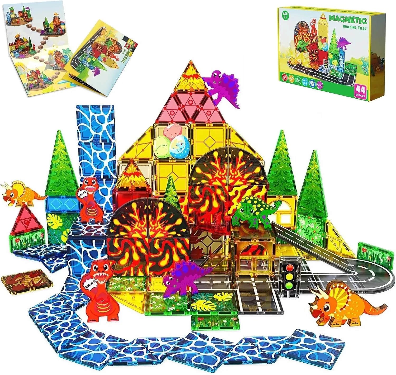 Magnetic Tiles, Dinosaur Volcano Magnetic Blocks, Magnet Building Toys for Kids Age 1-3 3-5 5-7 8-12, Preschool Learning Sensory Montessori Toys, Dinosaur Lover Birthday Boys Girls