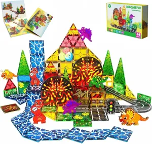 Magnetic Tiles, Dinosaur Volcano Magnetic Blocks, Magnet Building Toys for Kids Age 1-3 3-5 5-7 8-12, Preschool Learning Sensory Montessori Toys, Dinosaur Lover Birthday Boys Girls