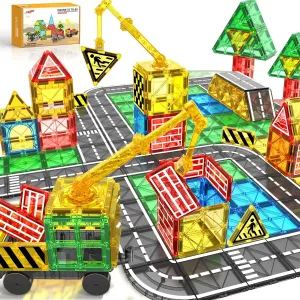 Magnetic Tiles Road Building Blocks - Magnet Crane Car Set for Kids Ages 3-5 4-8 5-7 Preschool City Construction Kids Games Dinosaur Toddler Toys for 3  Year Old Boys Girls Christmas Birthday Gifts