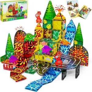 Magnetic Tiles|Dinosaur Toys for Kids 3-5, Lava Dinosaur World Set Magnatiles for Kids Ages 4-8 5-7, Toddler Magnet Building Blocks STEM Learning Sensory Birthday Gifts for 3＋ Years Old Boys Girls