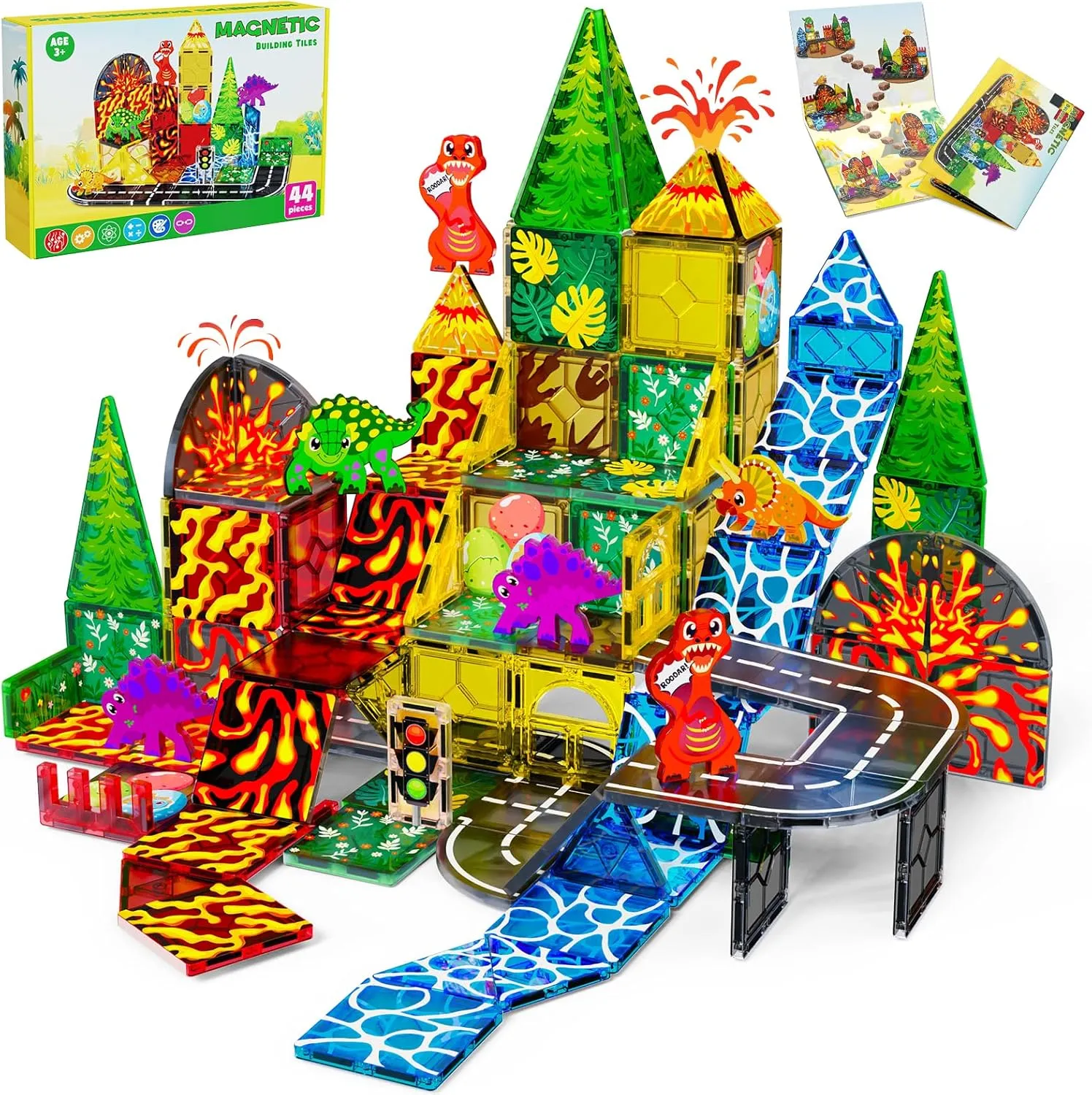 Magnetic Tiles|Dinosaur Toys for Kids 3-5, Lava Dinosaur World Set Magnatiles for Kids Ages 4-8 5-7, Toddler Magnet Building Blocks STEM Learning Sensory Birthday Gifts for 3＋ Years Old Boys Girls