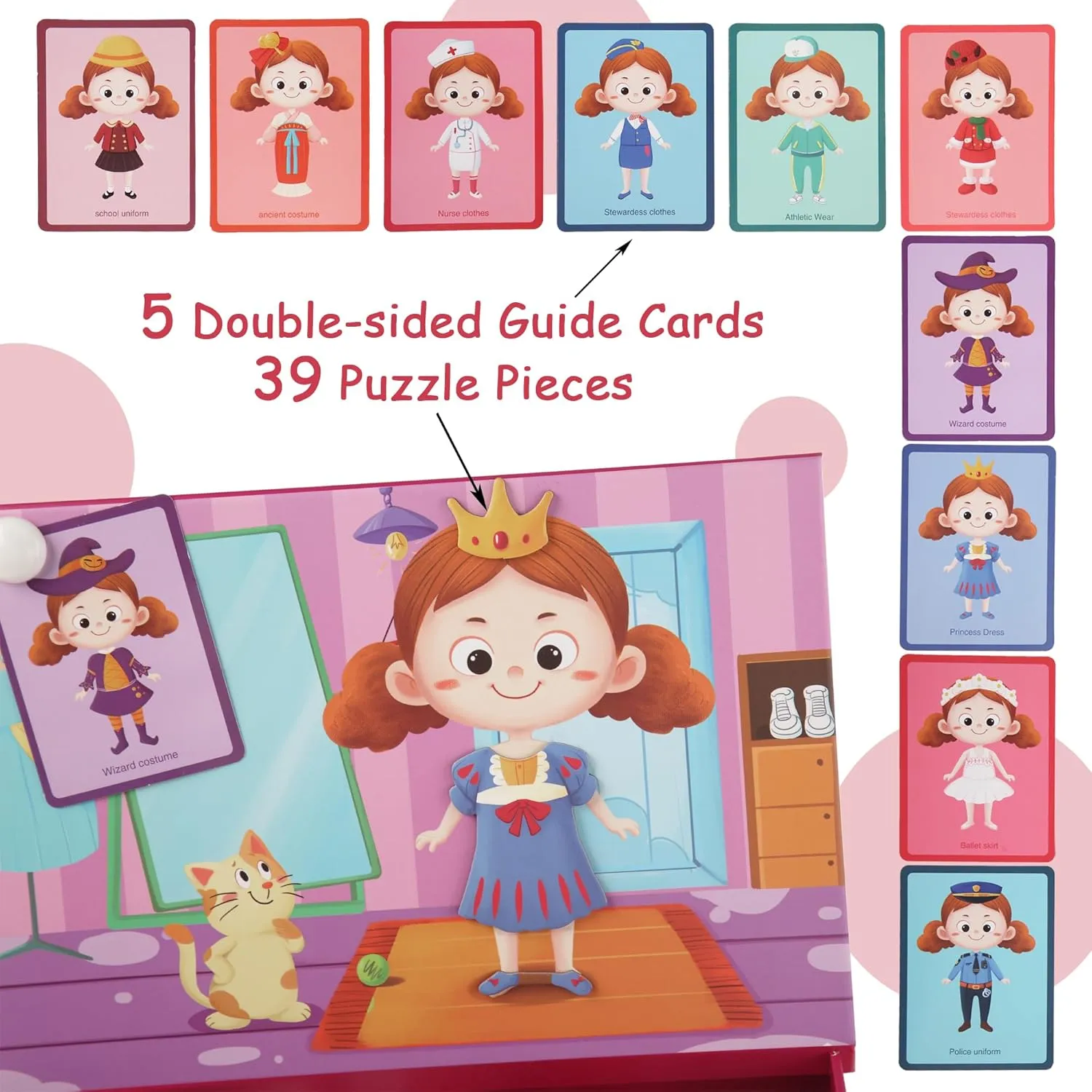 Magnetic Tiles,Puzzle Board Game,Easter Gifts for Kids,5 Double-Sided Guide Cards and 39pcs Puzzle,2 in 1 Early Learning Toys, Princess Dress Up for Girls 4-6