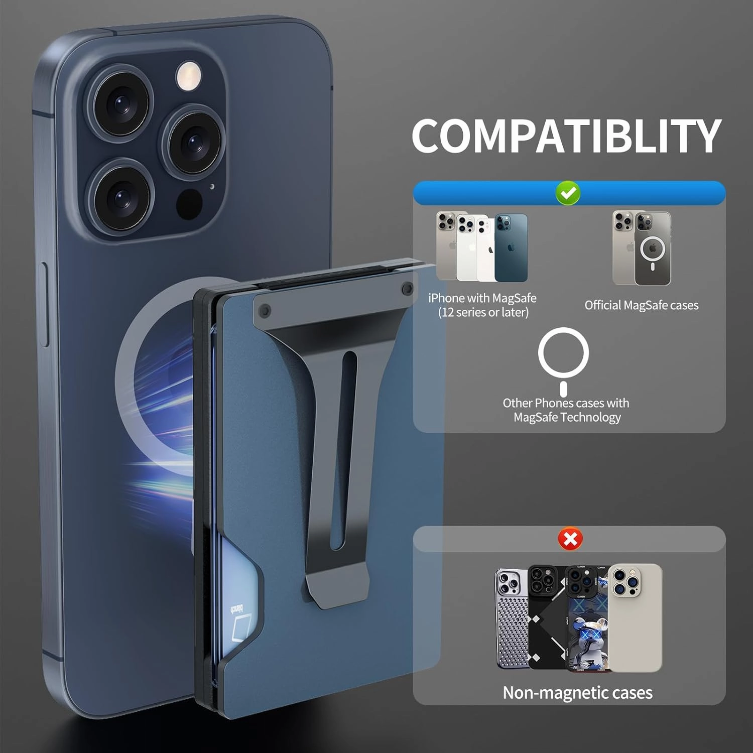 Magnetic Phone Wallet Compatible with Apple MagSafe - Metal Card Holder with AirTag Holder, RFID Blocking & Money Clip Mag Safe Wallet for iPhone 16 15 14 13 12 Pro Max/Pro/Plus/Mini