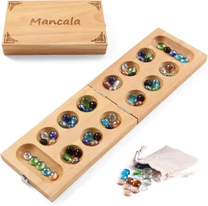 Mancala Board Game for Kids, Adults & Family. Includes Folding Rubber Wood Board, 48 10 Mancala Stones & Instruction. Classic & Portable Marble Game for Travel.(Natural Color)