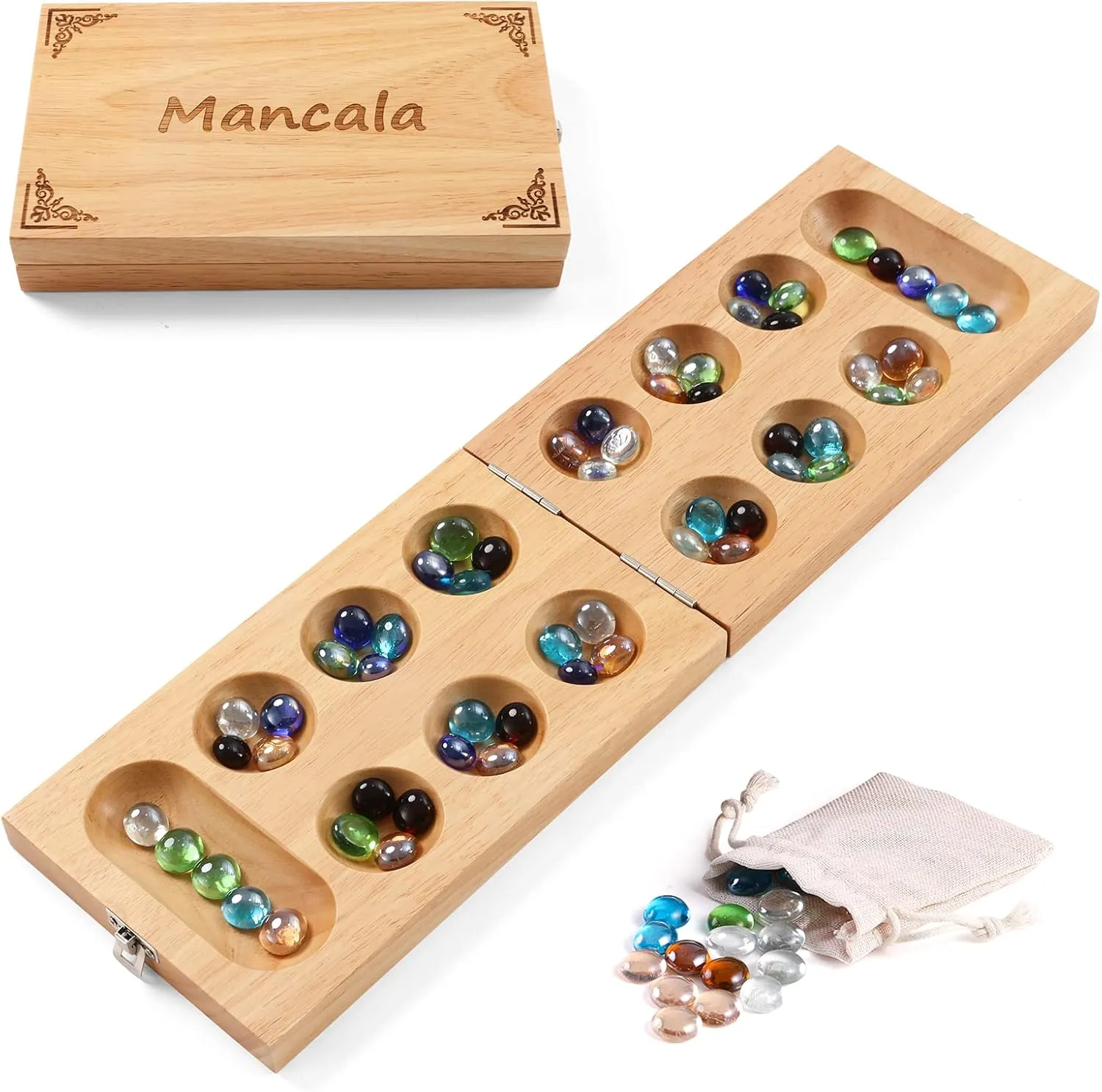 Mancala Board Game for Kids, Adults & Family. Includes Folding Rubber Wood Board, 48 10 Mancala Stones & Instruction. Classic & Portable Marble Game for Travel.(Natural Color)