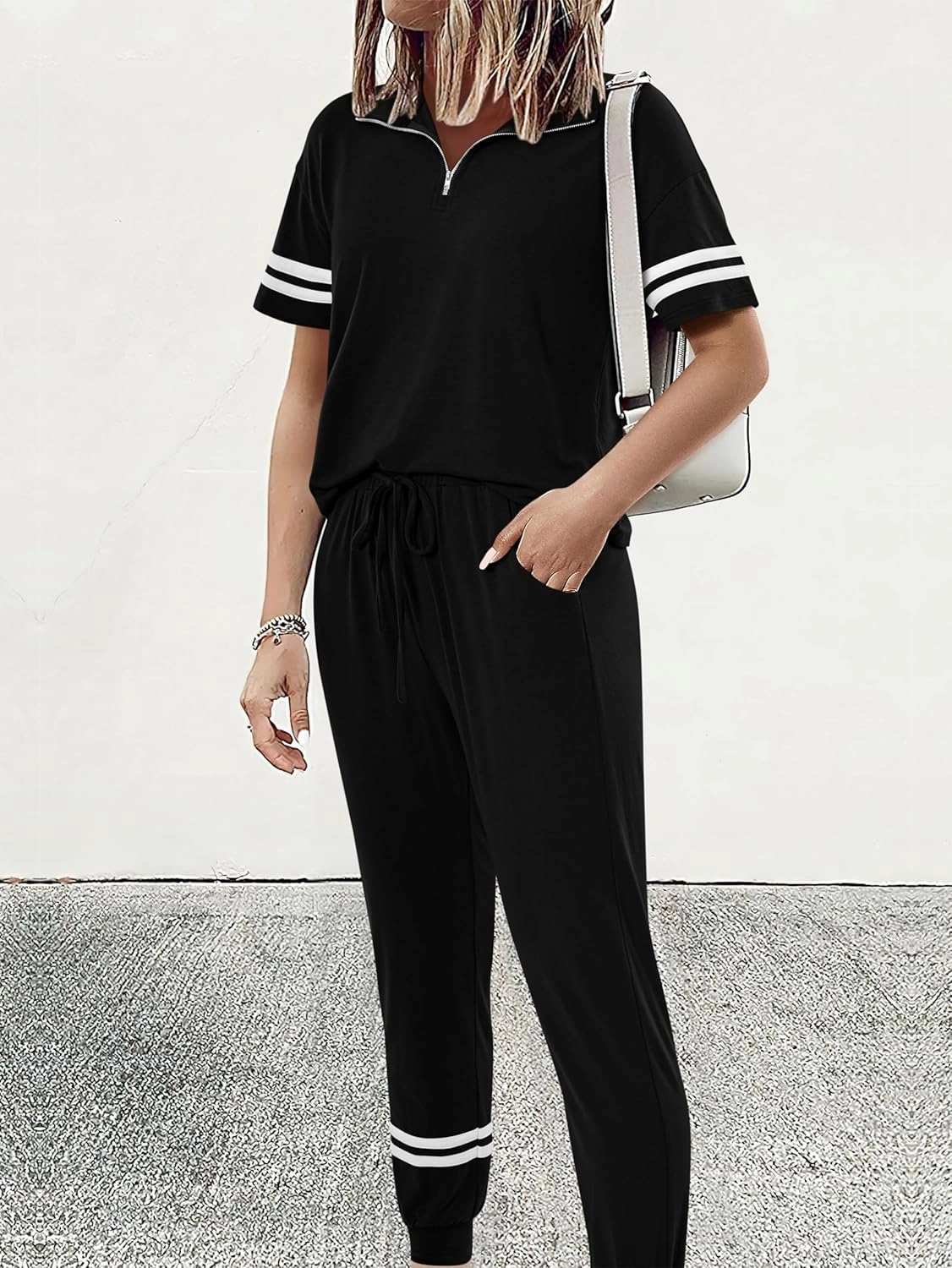 MASCOMODA 2 Piece Outfits for Women 2025 Summer Casual Quarter Zip Short Sleeve Tops Long Pants Tracksuit Jogger Lounge Sets