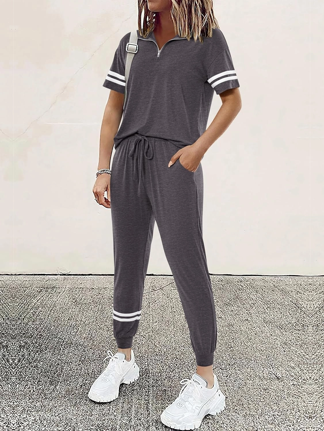 MASCOMODA 2 Piece Outfits for Women 2025 Summer Casual Quarter Zip Short Sleeve Tops Long Pants Tracksuit Jogger Lounge Sets