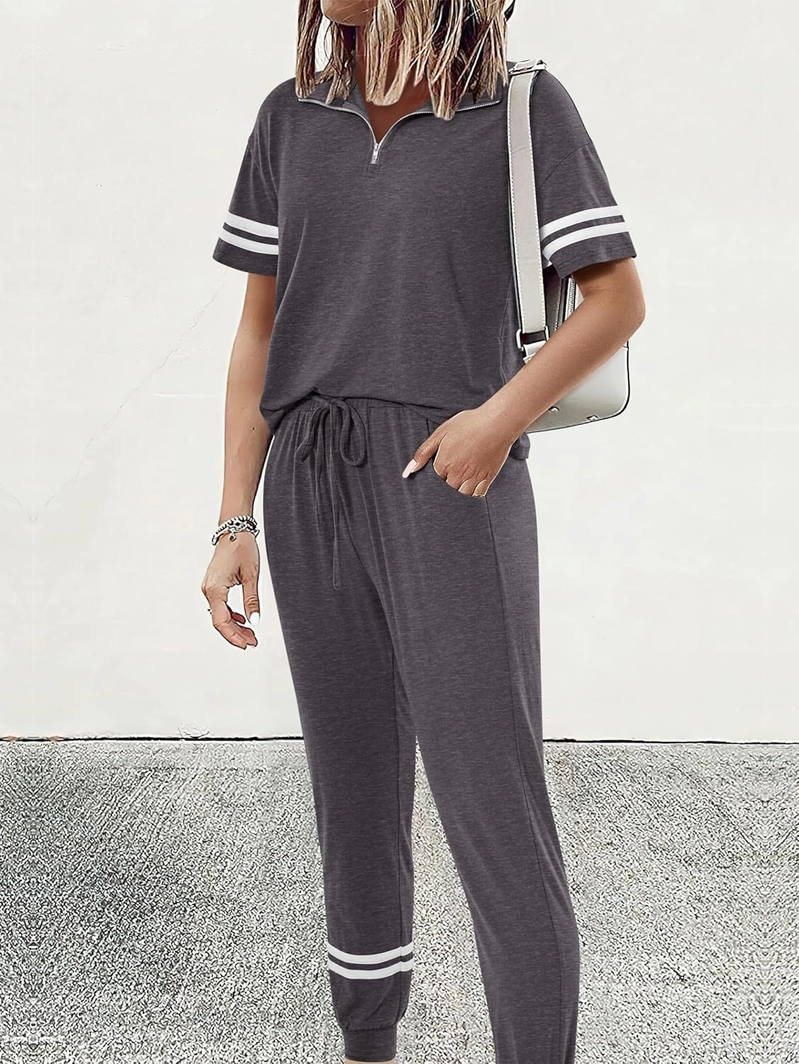 MASCOMODA 2 Piece Outfits for Women 2025 Summer Casual Quarter Zip Short Sleeve Tops Long Pants Tracksuit Jogger Lounge Sets