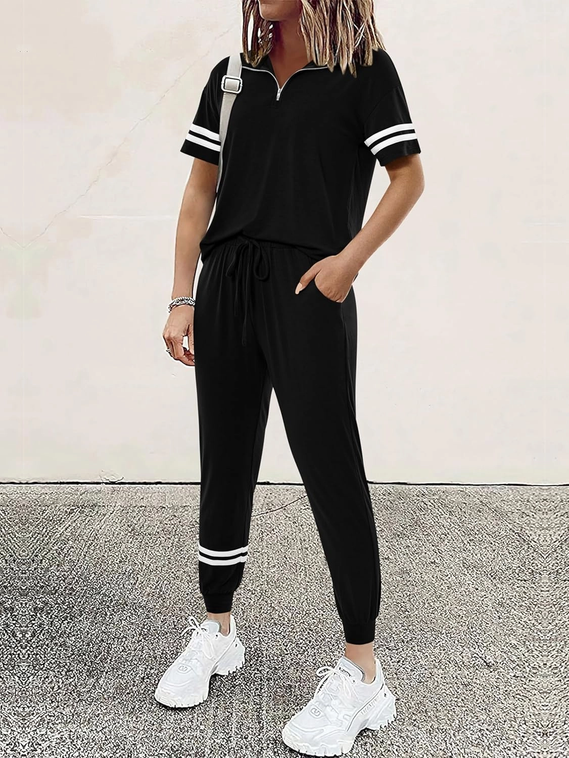 MASCOMODA 2 Piece Outfits for Women 2025 Summer Casual Quarter Zip Short Sleeve Tops Long Pants Tracksuit Jogger Lounge Sets