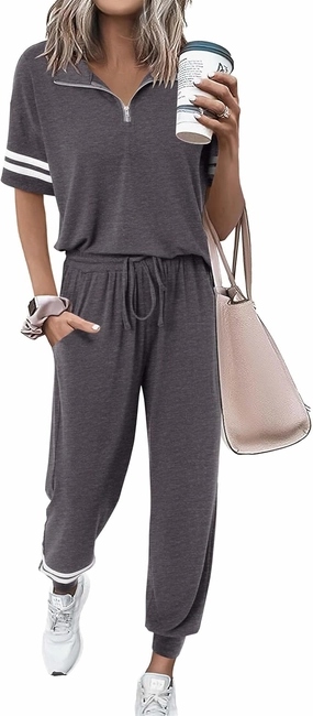 MASCOMODA 2 Piece Outfits for Women 2025 Summer Casual Quarter Zip Short Sleeve Tops Long Pants Tracksuit Jogger Lounge Sets