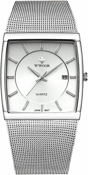 MASTOP Mens Simple Rectangle Analog Quartz Watch Ultra Thin Stainless Steel Mesh Band Bracelet Watch