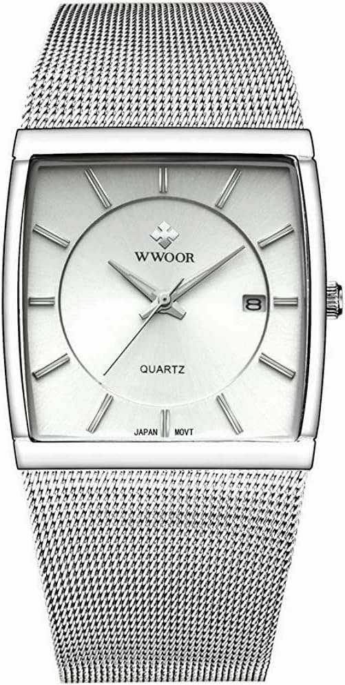 MASTOP Mens Simple Rectangle Analog Quartz Watch Ultra Thin Stainless Steel Mesh Band Bracelet Watch
