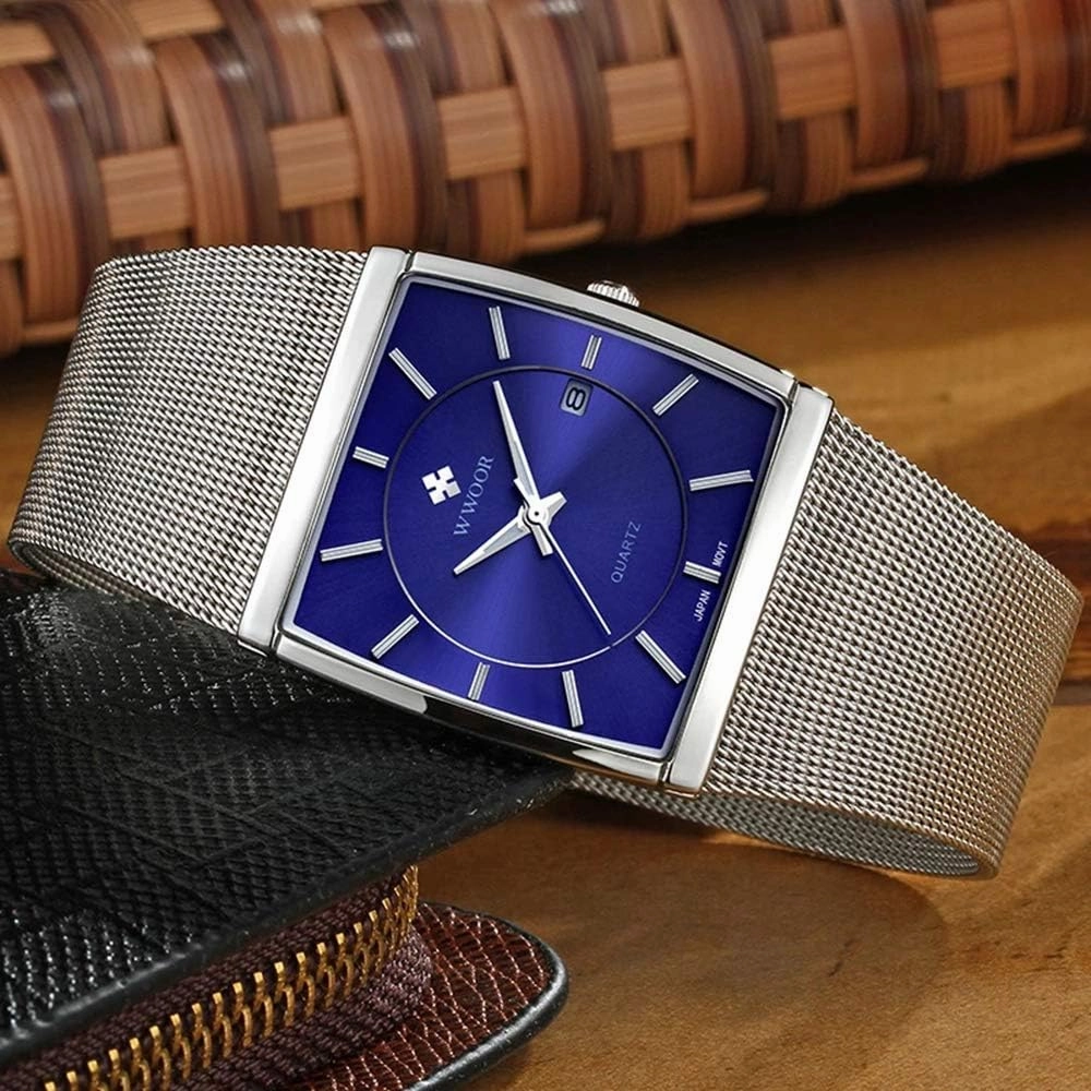 MASTOP Mens Simple Rectangle Analog Quartz Watch Ultra Thin Stainless Steel Mesh Band Bracelet Watch