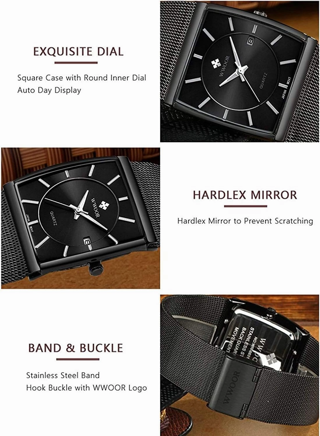 MASTOP Mens Simple Rectangle Analog Quartz Watch Ultra Thin Stainless Steel Mesh Band Bracelet Watch