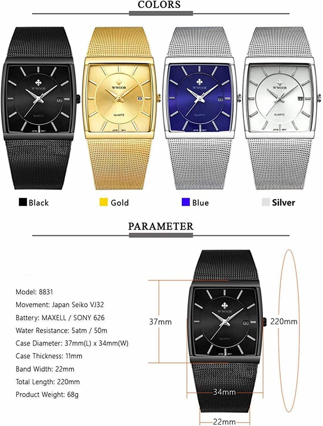 MASTOP Mens Simple Rectangle Analog Quartz Watch Ultra Thin Stainless Steel Mesh Band Bracelet Watch