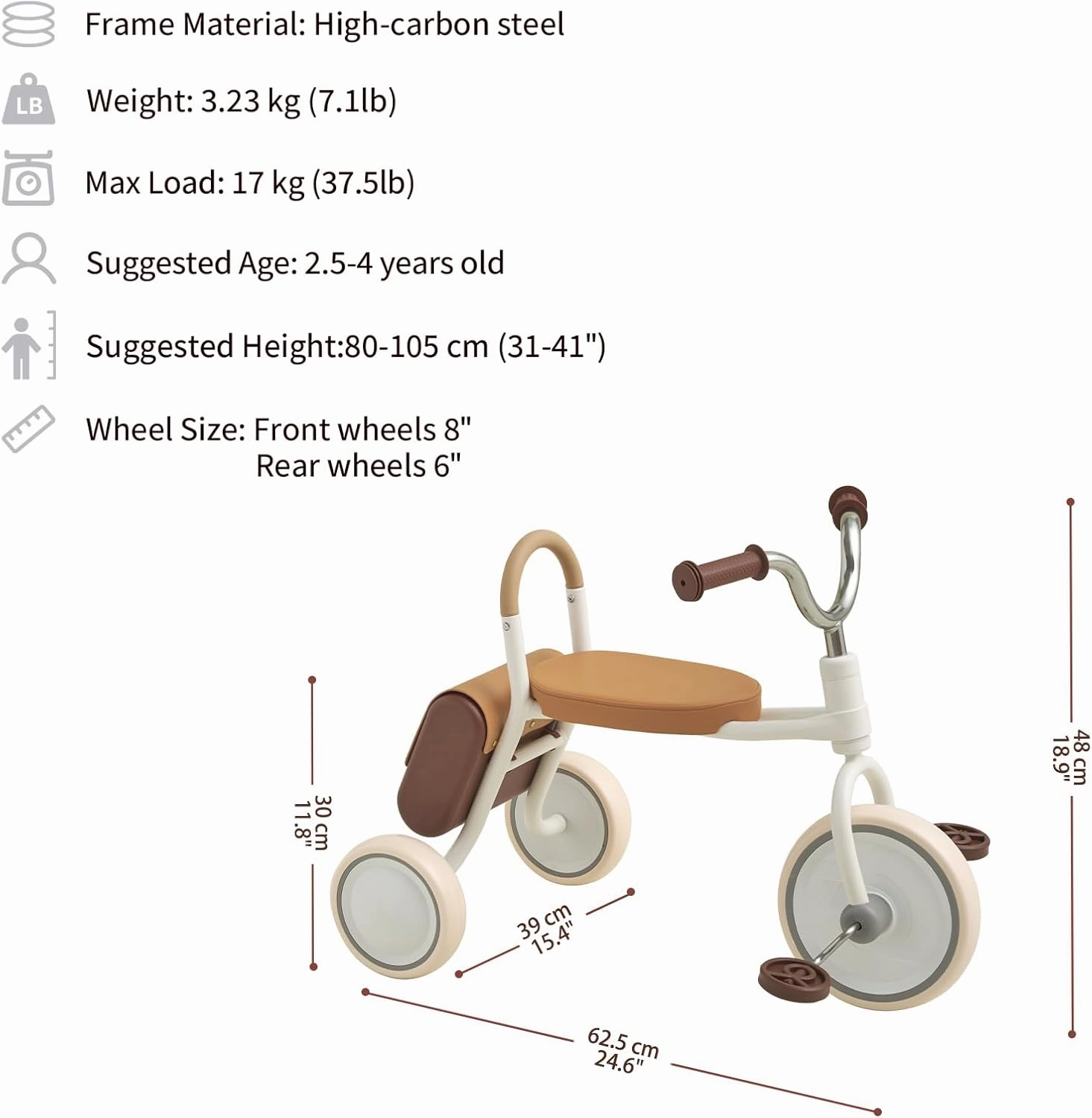 Mate Toddler Tricycle Age 2.5-4 Kids First Birthday Gift Toy Bike with Handlebar Grips & Storage for Outdoor Play (White)