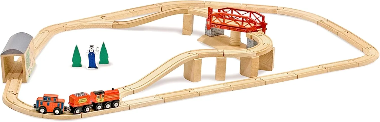 Melissa & Doug Swivel Bridge Wooden Train Set (47 pcs) - Wooden Train Set For Kids Ages 3 