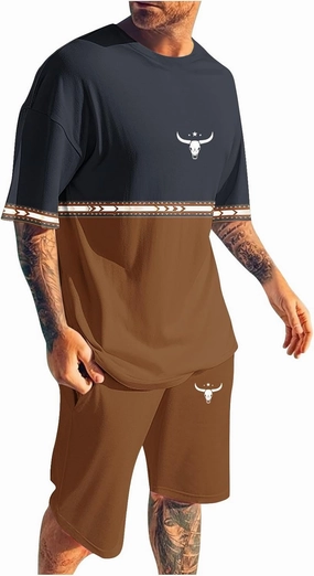 Mens 2 Piece Outfits Western Graphic Short Sleeve Colorblock T-Shirt Crewneck and Elastic Waist Shorts Set Classic 2025
