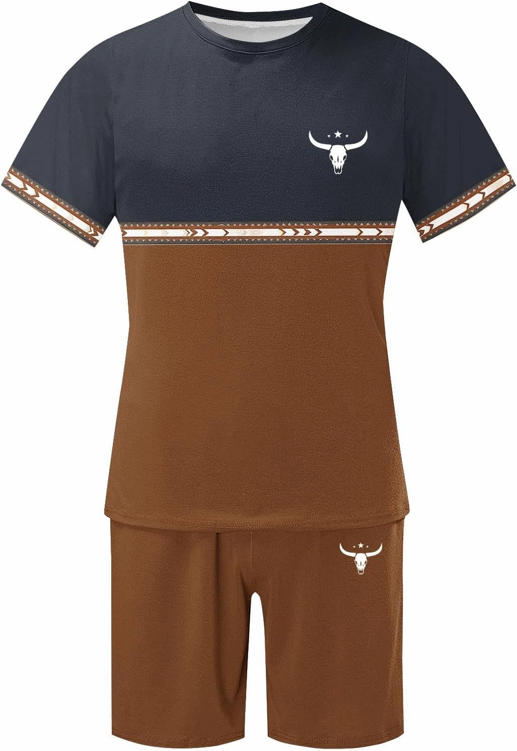Mens 2 Piece Outfits Western Graphic Short Sleeve Colorblock T-Shirt Crewneck and Elastic Waist Shorts Set Classic 2025