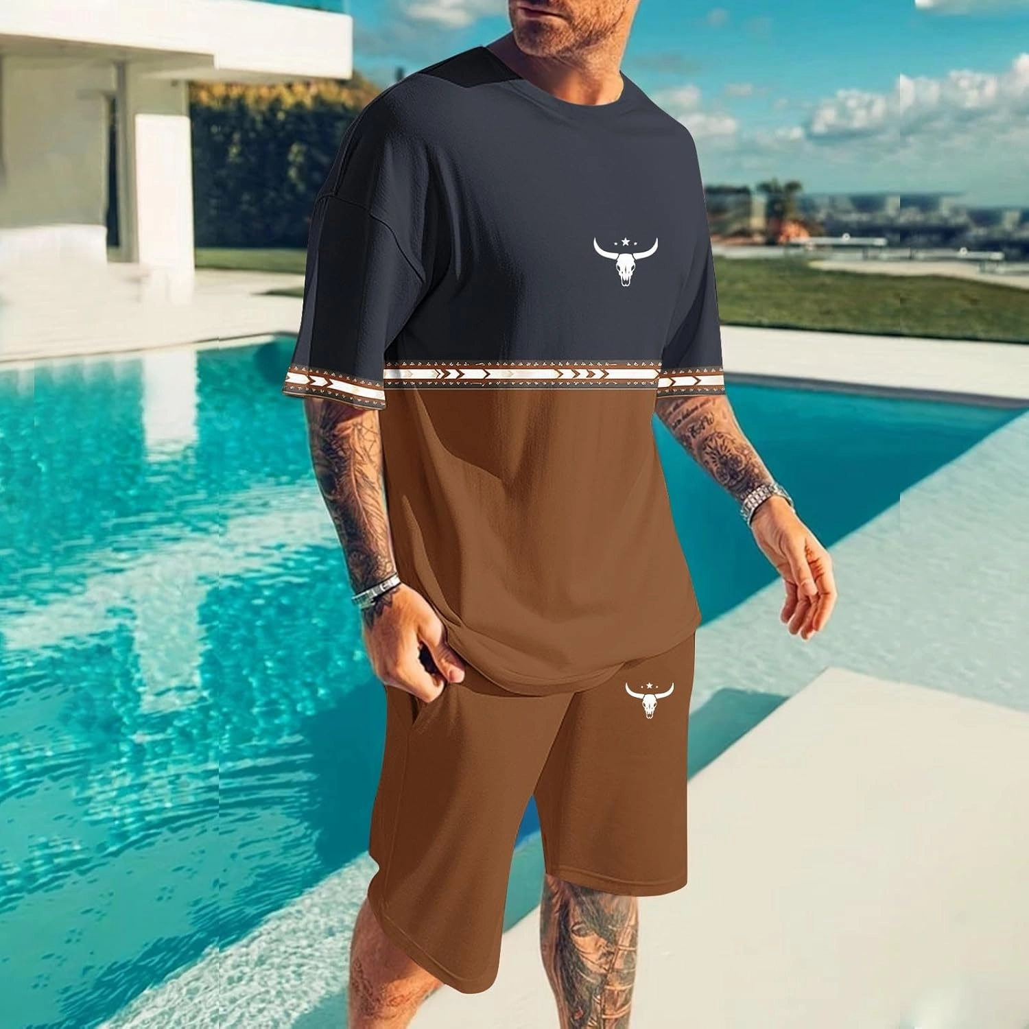 Mens 2 Piece Outfits Western Graphic Short Sleeve Colorblock T-Shirt Crewneck and Elastic Waist Shorts Set Classic 2025